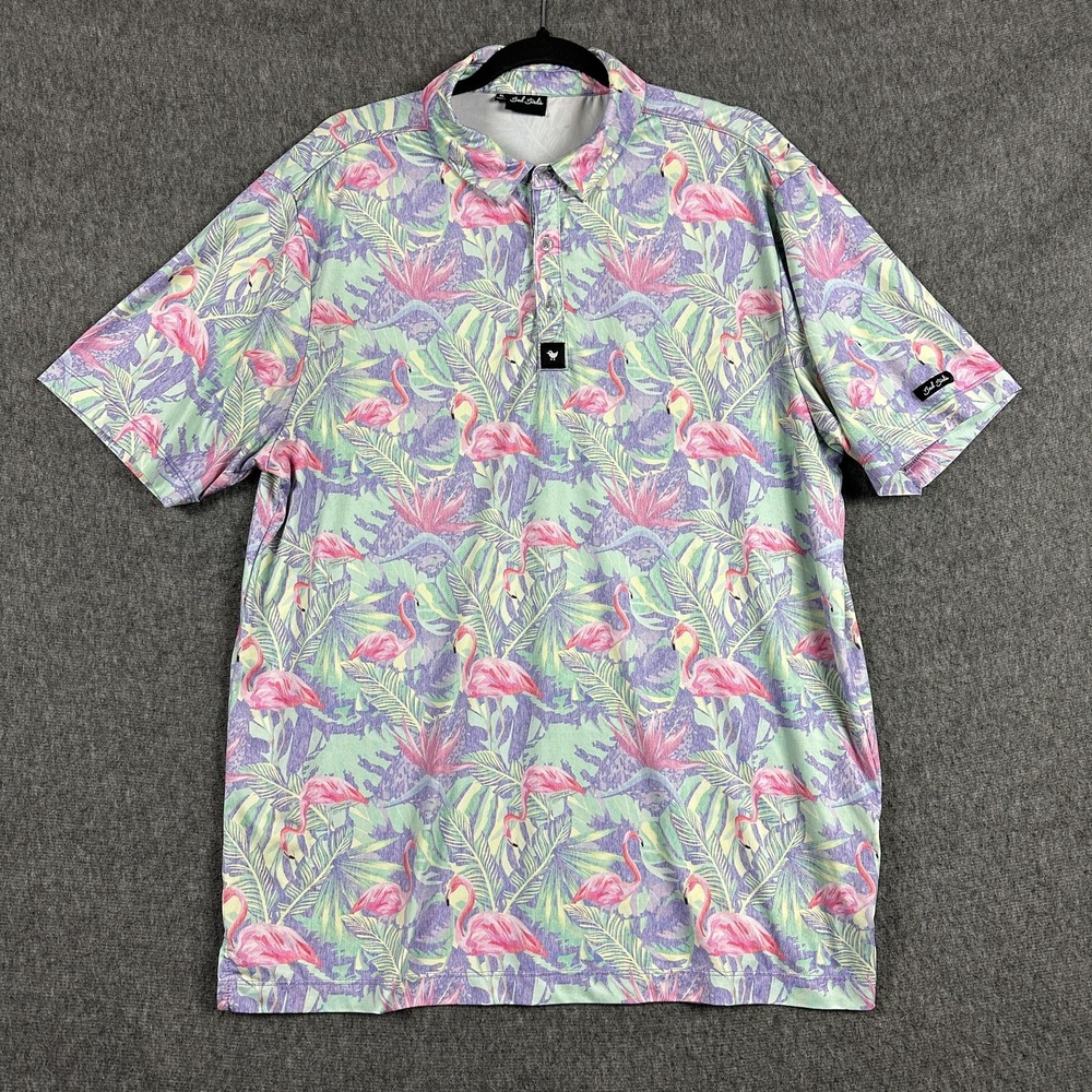 Bad Birdie Polo Shirt Mens XL Multicolor Flamingo Print Golf Stretch Tropical